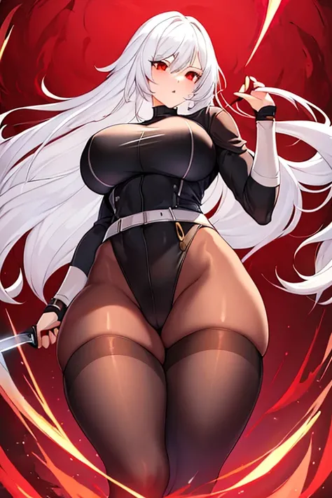 1girl, white hair, long hair, red eyes, serious, glowing eyes, large breasts, thick thighs, mature female, athletic  female, toned, leotard, black leotard, thighhighs, belt, knife, knifes, pantyhose, black pantyhose