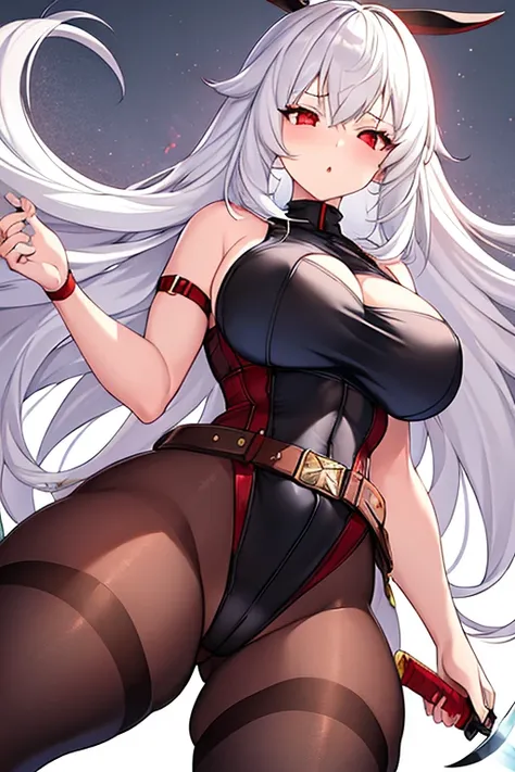 1girl, white hair, long hair, red eyes, serious, glowing eyes, large breasts, thick thighs, mature female, toned, leotard, black leotard, thighhighs, belt, knife, knifes, pantyhose, black pantyhose