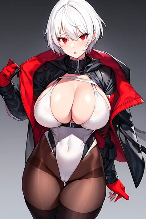 1girl, white hair, very short hair, red eyes, serious, glowing eyes, large breasts, thick thighs, athletic female, toned, leotard, black leotard, thighhighs, belt, knife, knifes, pantyhose, black pantyhose, hood, hood up, hood on, black hood,