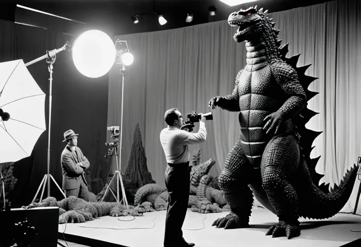 Godzilla, 1960s, blac&white, 1960s stylized, filming scene in the studio, a man dressed in a rubber godzilla outfit, A large model of the city on which a man in a godzilla costume moves, cameras, lighting, filming, realistic photo from the film set