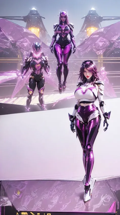 Black haired beauty, (Surrealism:1.5), (Phoenix Gold Helmet:1.1),(Cleavage tops:1.3), (Muscular body,Huge fake breasts:1.5), (Muscle Abs:1.3), (Mecha Guard Arm:1.1), ((Magenta Shiny Futuristic Mech Cropped Top, Black mecha tights, White Mech Guard Leggings...