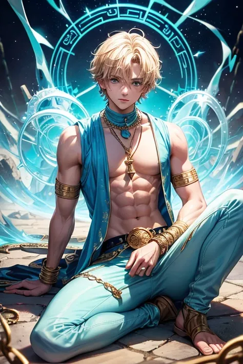 Jonah Tyler Taylor, 20 year old, short light golden blonde hair, short messy hair, light blue eyes, djinn clothing, open light blue sleeveless vest, light blue vest with white Arabic print, light turquoise Arabic pants, gold belt, bracelet djinn with silve...