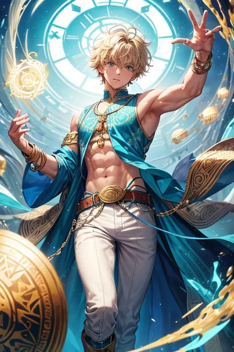 Jonah Tyler Taylor, 20 year old, short light golden blonde hair, short messy hair, light blue eyes, djinn clothing, open light blue sleeveless vest, light blue vest with white Arabic print, light turquoise Arabic pants, gold belt, bracelet djinn with silve...