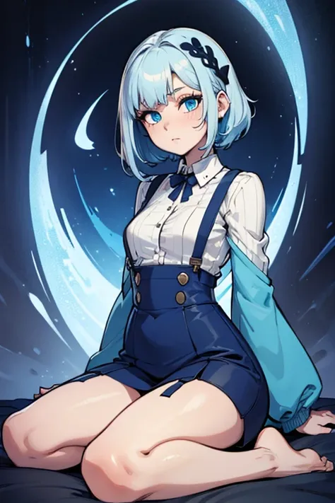 One girl, orange sleeves, Gray Hair, White skin, Light blue hair accessory, Blue suspenders, Blue clothes, Bright Blue Eyes, Barefoot, Double Knit