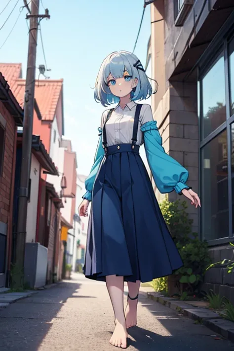 One girl, orange sleeves, Gray Hair, White skin, Light blue hair accessory, Blue suspenders, Blue clothes, Bright Blue Eyes, Barefoot, Double Knit