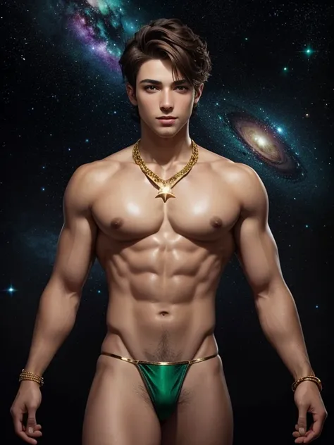 Attractive guy , the boy has very short brown hair, emerald eyes, on a black background - galaxy , stars . The Magic Look ! naked torso, large puffy nipples, gold chain with emerald around the neck.  top quality portrait photo, naked with thong, legs open