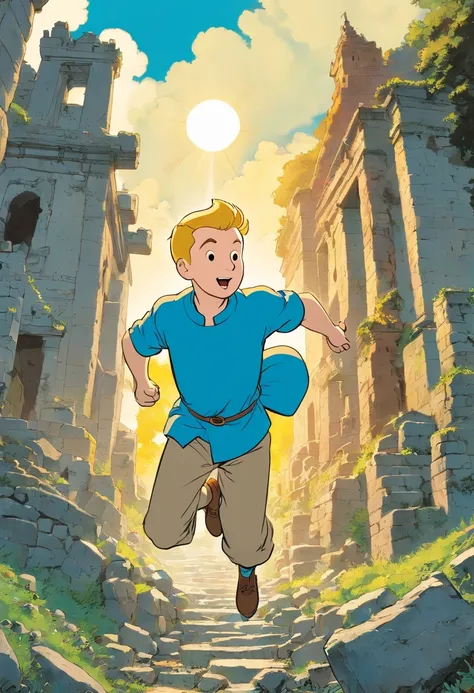 Tintin, herge, european comics, heroic pose, Indonesian ruins