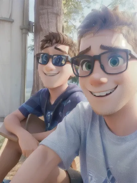 two young teenage brothers, estlo disney pixar, foto selfie, sitting on a park bench, dia claro, felizes, sorridentes, os dois esbeltos. pele clara, sem marcas no rosto, oculos preto, penteado estilo surfista 