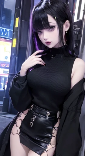 4k-ultra sharp、highest quality, masterpiece, ultra high resolution, (reality: 1.4),  1 girl, purple eyes, Off-the-shoulder sweater dresses, cinematic lighting、purple and black hair、(mine girl、goth makeup、mine makeup)、(Pierced ears、big breasts、Oversized bla...