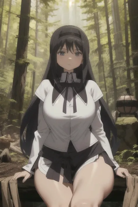 bp-homura, 1girl, long hair, solo, akemi homura, black hair, 1girl, solo, huge breasts, huge thighs, narrow waist, wide hips, th...