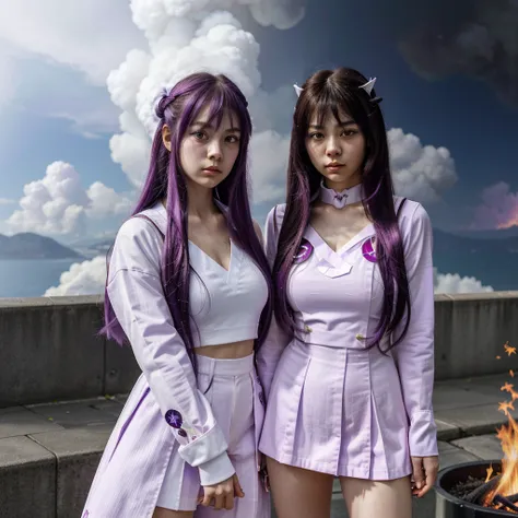 (Extreme complexity, two subjects)(subject 1: cryptic girl (CrptGrl), purple white gradient long hair, indifferent, kind, in her iconic outfit) and her companion Lisa (average Japanese woman, sailor scout outfit (small) looking embarrassed) confront a fire...