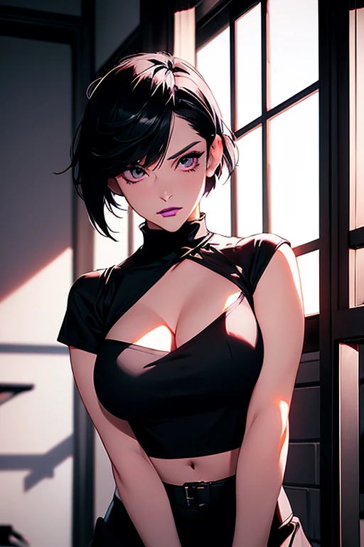 Eliza From Tekken, short black hair with bangs past her shoulders, short hair at the back of her head, sexy look, soft gothic makeup on her eyes, purple lipstick, casual light blouse with low neckline, short black skirt made of light fabric, sensual pose, ...