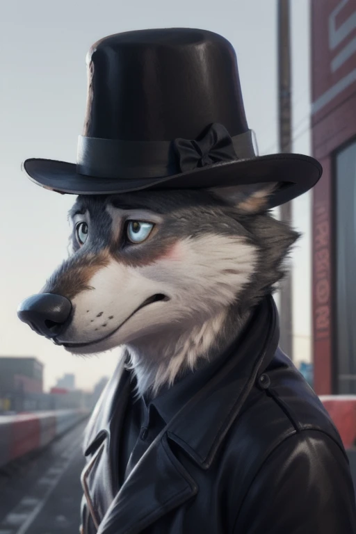 cute cartoon of (gary (zootopia)) wearing a (leather jacket) and (bowler hat which has a red robotic eye on the front), blank expression, blank look, alone, wolf, white fur, BREAK, dark industrial factory background (complex, high detail, film photography,...