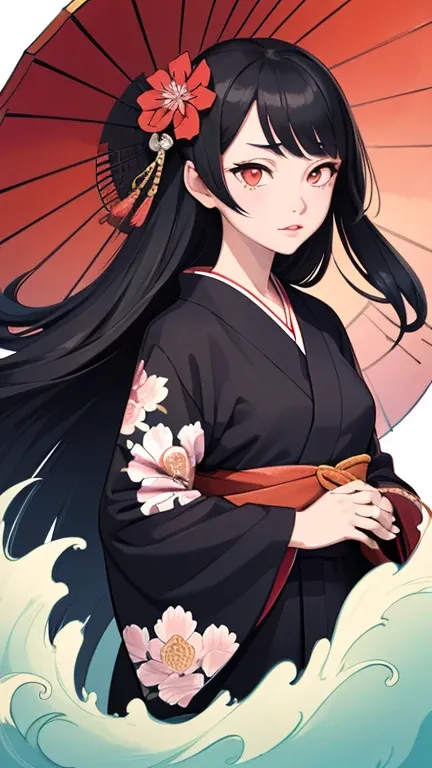 ukiyo-e_style,flat_style,_colors,masterpiece, katsushika_hokusai,long_hair,hair_flower,black_hair,red_eyes,red_sky,chinoiserie,b...