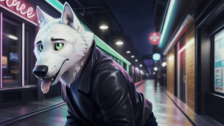 cute cartoon of a (gary (zootopia)) wearing a (leather jacket), solo, wolf, white fur, tongue out, completely glowing green eyes with no irises or pupils, walking on all fours, BREAK, background gay bar, neon lights, sexual depravity, BREAK, (intricate, hi...