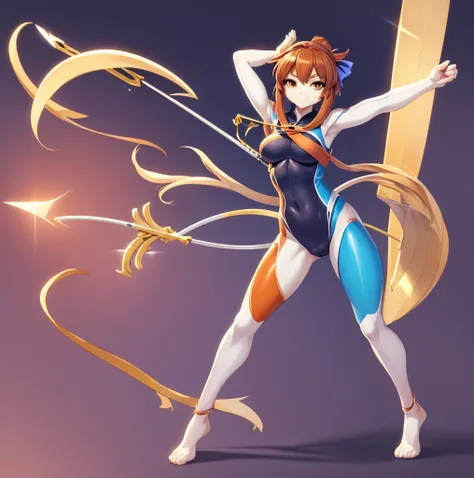 a drawing of a woman with a bow and arrow in her hand, pose(arms up + happy), hands behind her body pose!, anime pose, pudica pose gesture, clean anime outlines, outlined!!!, fully body pose, full body zenkai! asuka suit, with arms up, sketchy artstyle, ge...