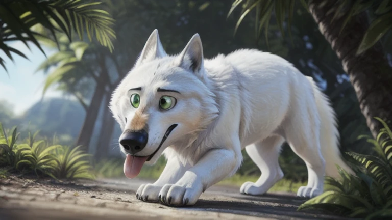 cute cartoon of a (gary (zootopia)) naked, solo, wolf, white fur, tongue out, completely glowing green eyes with no irises or pupils, walking on all fours, BREAK, jungle background, (intricate, high detail, film photography, soft focus, RAW candid cinema, ...