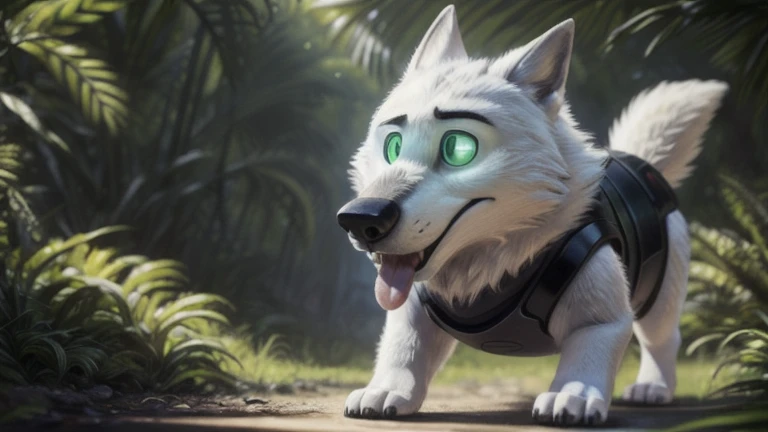 cute cartoon of a (gary (zootopia)) naked, big cock, solo, wolf, white fur, tongue out, completely glowing green eyes with no irises or pupils, walking on all fours, and using a black bowler hat (which has a red robotic eye on the front), BREAK, jungle bac...