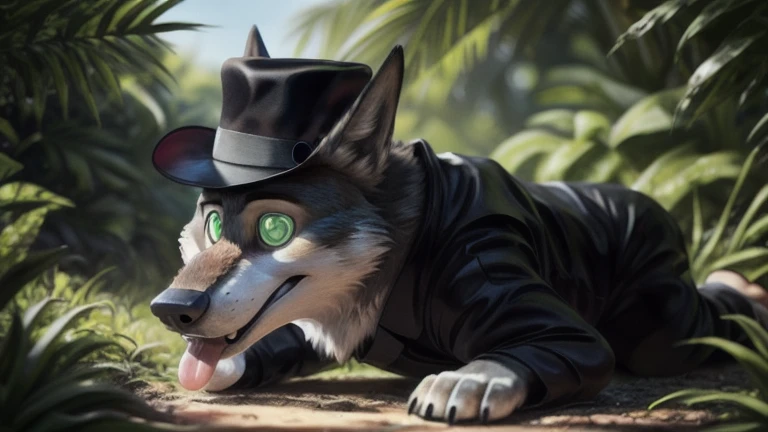 cute cartoon of a (gary (zootopia)) naked, big cock, solo, wolf, white fur, tongue out, completely glowing green eyes with no irises or pupils, walking on all fours, and using a black bowler hat (which has a red robotic eye on the front), BREAK, jungle bac...