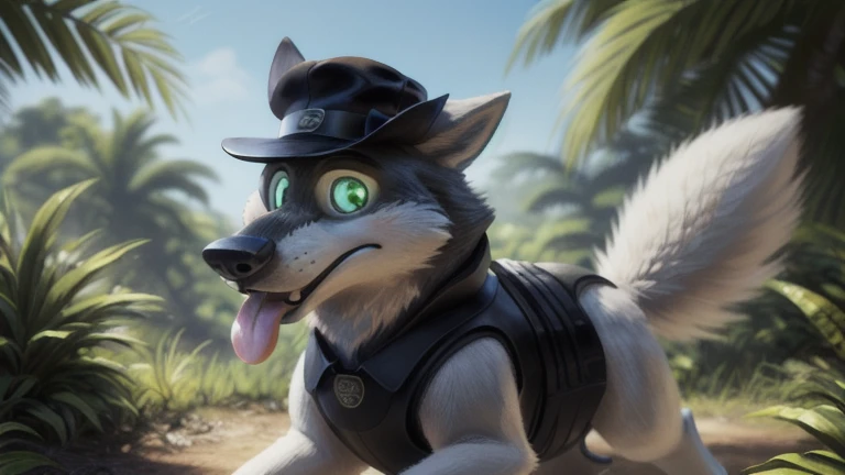 cute cartoon of a (gary (zootopia)) naked, big cock, solo, wolf, white fur, tongue out, completely glowing green eyes with no irises or pupils, walking on all fours, and using a black bowler hat (which has a red robotic eye on the front), BREAK, jungle bac...