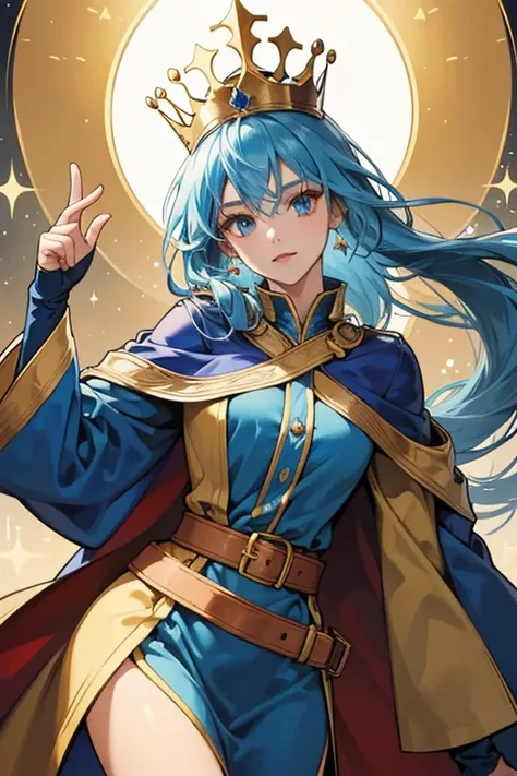 hER crown is sligthly more sharp than the usual one and it has the letter F with a blue mark on it. SHE also wears shades, a gold belt and a blue robe that has the same F mark in the back. SPARKLE; GLITTER