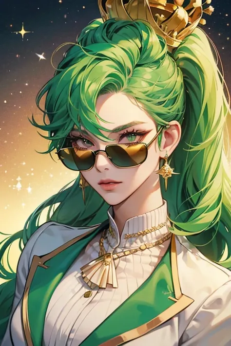 She also has green hair in a pompadour style that wears shades. Then, She wears a white suit with a big crown shaped necklace and shades, HER green hair grows taller, gains life and wears red shades,  wears  crown with a gold crown on top. SPARKLE; GLITTER