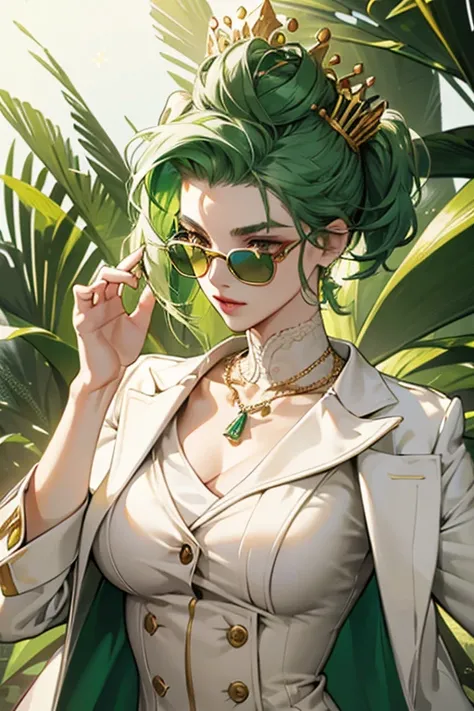 She also has green hair in a pompadour style that wears shades. Then, She wears a white suit with a big crown shaped necklace and shades, HER green hair grows taller, gains life and wears red shades,  wears  crown with a gold crown on top. SPARKLE; GLITTER