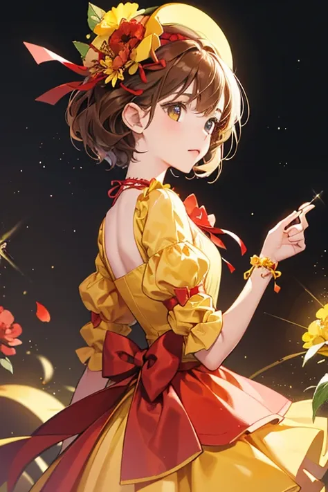 girl with short brownish hair and a yellow summer hat (with a red flower ribbon) on her head and wears a red-sleeved lemon yellow dress which has a bow at the back. SPARKLE; GLITTER