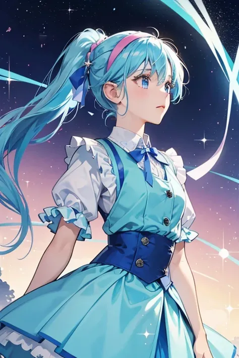  Sapphie is a young girl with sky blue hair tied into two ponytails, just like her ears. She wears a pink vest which has two blue ribbons on both short sleeves and a light blue skirt. She also has a hairband which looks very alike to her garland. SPARKLE; ...