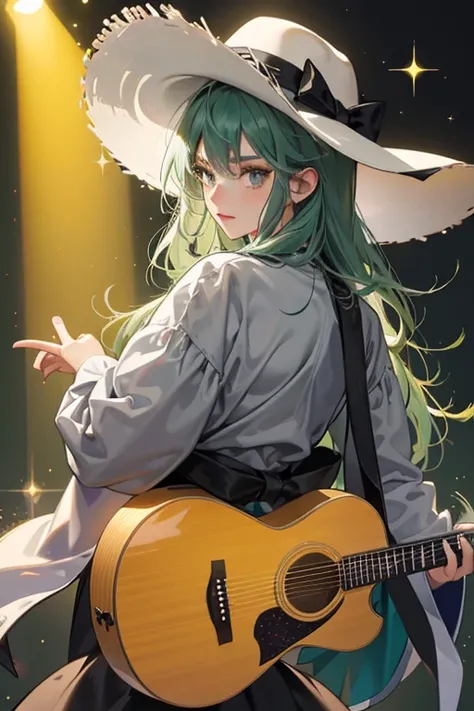 She is seen donning a Spanish cowboy hat (dark grey in Sunshine, dark green in Kira☆Deco!) on his head and a guitar around hER back. SPARKLE; GLITTER