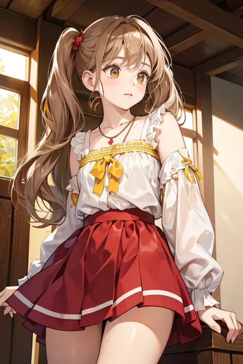 She has pale skin, light brown hair in pigtails and light brown eyes. One pigtail has a red cherry band around it with two yellow ribbons danging from each side. She wears a necklace. SPARKLE; GLITTER