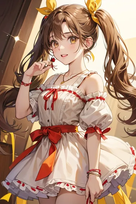 She has pale skin, light brown hair in pigtails and light brown eyes. One pigtail has a red cherry band around it with two yellow ribbons danging from each side. She wears a necklace. SPARKLE; GLITTER