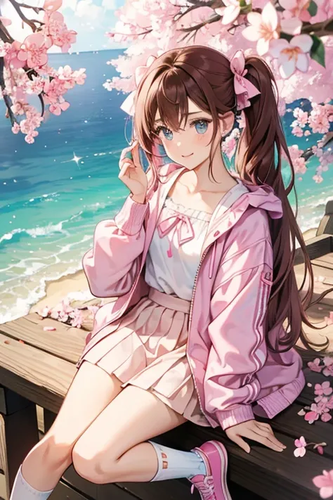 girl with brown hair tied up in a pigtail on the left side with a pink hair tie added with a cherry blossom and strands hanging down. She wears a pink long sleeved jacket and a very light pink top with a thin sash that holds Rubys Jewel Charm on the left. ...