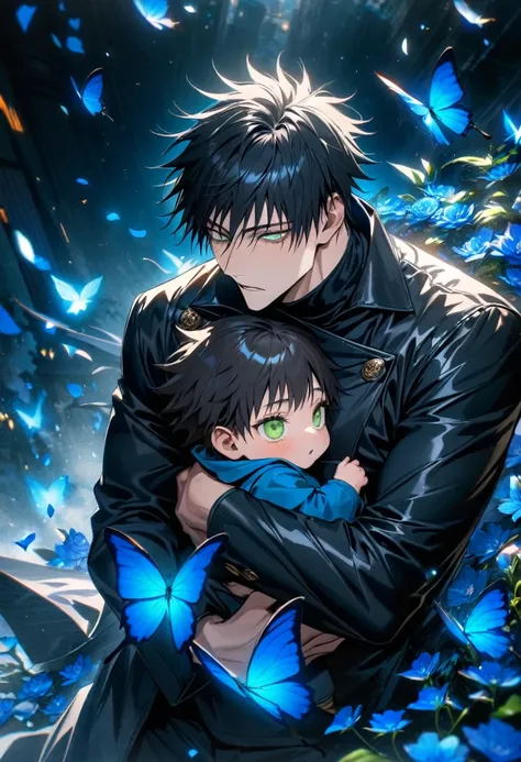 absurdres, highres, ultra detailed, HDR, master piece, best quality, Fushiguro Touji carrying baby Megumi, black straight hair, expressive green eyes, Jujutsu Kaisen, men, handsome, black leather coat, black tight shirt, blue butterflies, blue petals, blue...