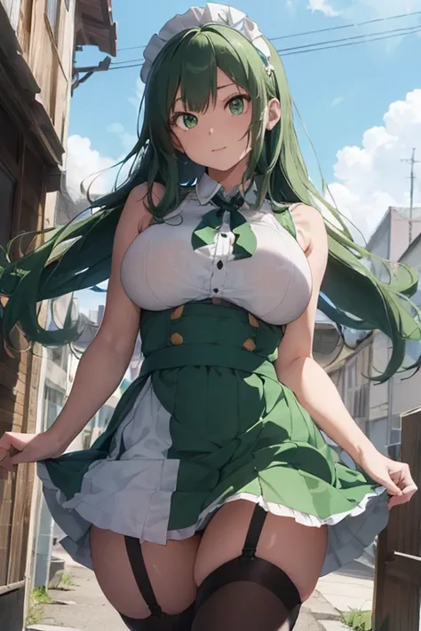 /(Girl),(anime),(16 year old girl),(looking like a 12 year old),(with a super large body),(pretty White),(green eyes and long green hair),(Height 1.59cm),(hot beautiful young woman),(Super busty),(Wearing), (a classic maid uniform with a super short skirt ...