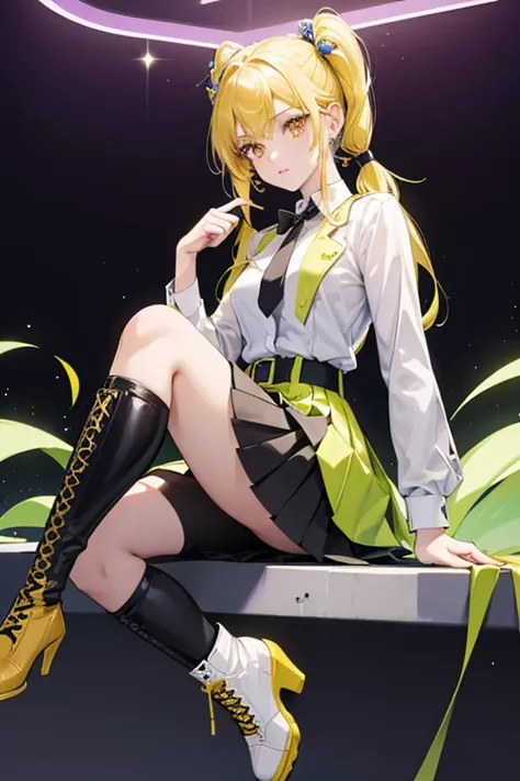 girl with white skin and brown eyes. She has large neon yellow pigtails with side hair with inward curve ends.

 attire is a . It consists of a short blazer with a shirt underneath and a pleated miniskirt. She wears knee-high leather heeled boots as her fo...