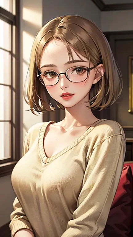 1 female, /(Tight sweater/) V-neck, Mature Woman, /((((short hair、Light brown hair、Blonde hair)))) Beautiful forehead, Stylish Glasses、Large Breasts、Bright red lips、A gentle blushing smile, (Masterpiece of the highest quality:1.2) Delicate illustrations, s...