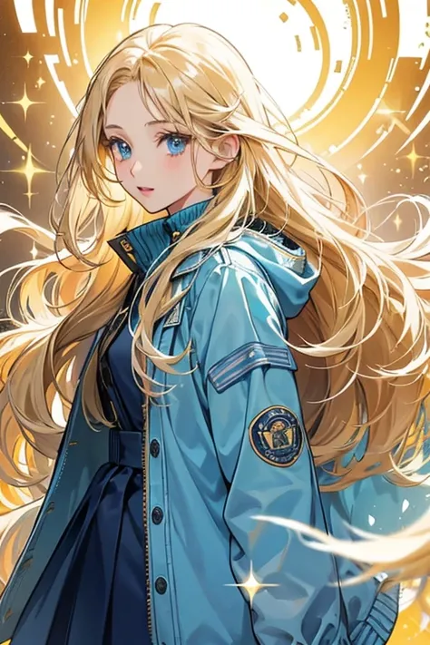 Azusa is an adult woman with long, wavy, dirty blonde hair and blue eyes. She is always seen wearing a light blue jacket over her yellow sweater. SPARKLE; GLITTER