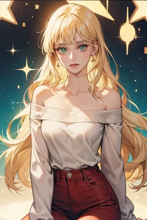 Celine is blonde with bardot bangs and she has pretty opal green eyes. In the only episode where we see her,she wore a red jeans,a white neckline and a black off-the-shoulder sweater underneath. SPARKLE; GLITTER