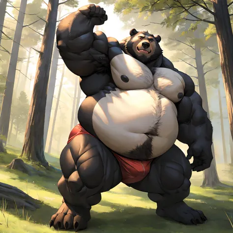 ((Masterpiece)),((Hight quality)),((Hught Detailed)),((Realistic,)) Anime Artistic masterpiece art, Zootopia movie, Obese muscle bear (massive obese, strong legs and arms, hairy, incredibly big looking) Long shot photo, Real life, Bear (Massive, broad shou...