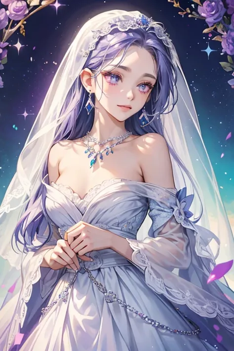 Fealina has white skin, long indigo hair and violet eyes. Her facial structure appears to be calm and comforting, featuring soft eyes and a delicate smile.

In Jewel Land, she wears a white veil and a white gown. Her veil features a pink base with silver a...