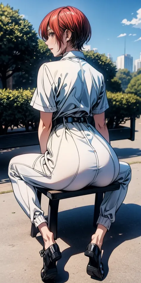 Kei Kishimoto full body sitting on a bench showing ass to me (morning daytime park background) (masterpiece, best quality, ultra-detailed, best shadow)