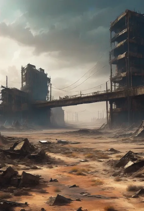 desolate landscape view of a decayed bridge winding between 2 buildings in the center of a post-apocalyptic canyon, has 2 planet...