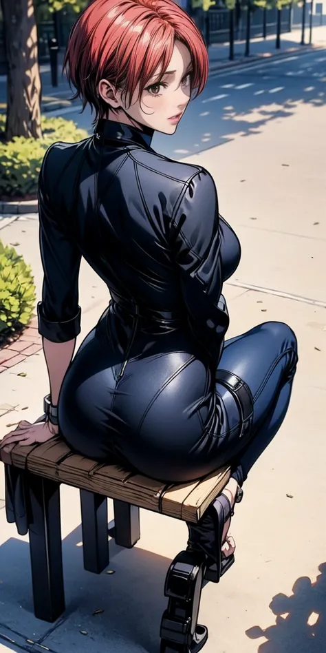 Kei Kishimoto full body sitting on a bench showing ass to me (morning daytime park background) (masterpiece, best quality, ultra-detailed, best shadow)