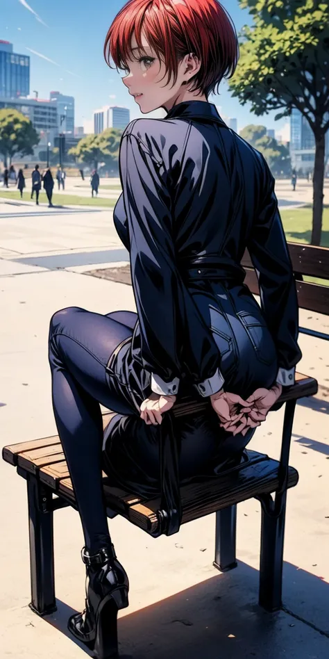 Kei Kishimoto full body sitting on a bench showing ass to me (morning daytime park background) (masterpiece, best quality, ultra-detailed, best shadow)