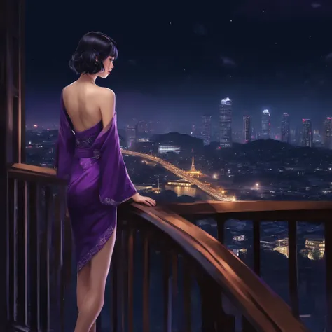 Japanese girl, short hair, black and purple hair, good figure, long legs, wearing Thai clothes, city view at night.