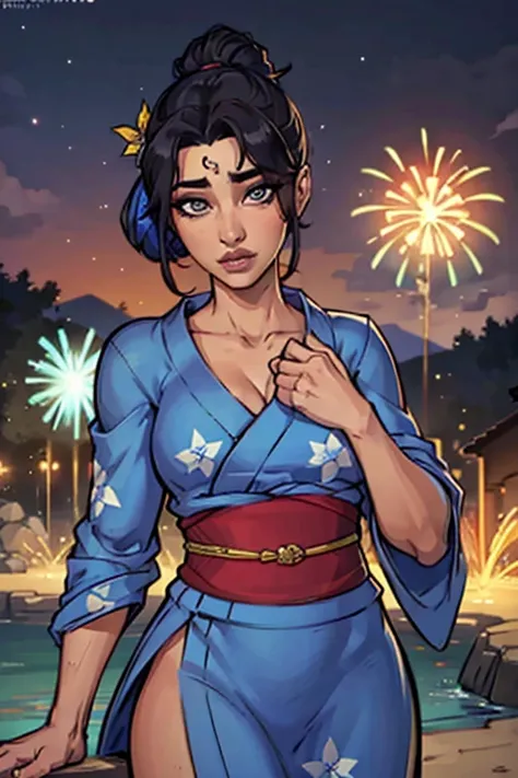 ((Obra de arte, Maximum quality, superdefinição, High definition)), Sozinho, garota linda, olhos brilhantes, olhos perfeitos, 16 anos, tema azul, yukata, fireworks