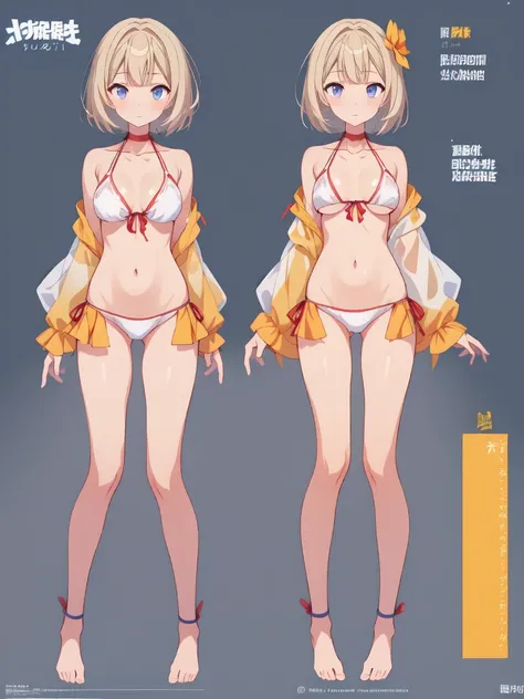 1girl、vtuber-fullbody、highest quality、Masterpiece、Official Art、The best composition、Super detailed、Standing in front of the viewer、short hair、Simple bikini、Small breasts、barefoot、Simple Background、Upright Pose、Character Design、