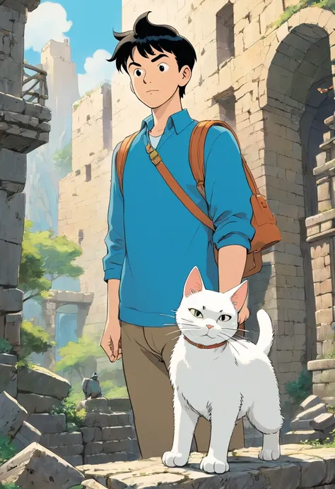 Tintin, male, black hair, herge, european comics, heroic pose, Indonesian ruins, with white cat