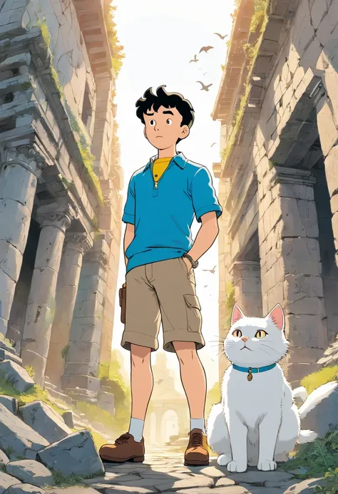 Tintin, male, black hair, herge, european comics, heroic pose, Indonesian ruins, with white cat